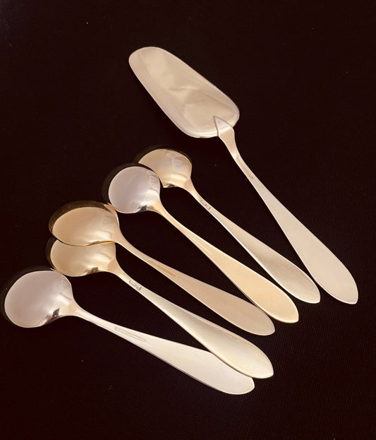 Sølv kake gaffel, dessert skje og kakespade med emalje i 925s av Thune