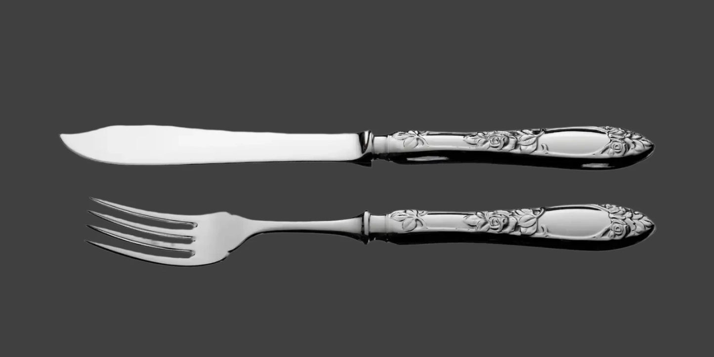 opphøid Rose Sølvbestikk Fiskekniv og Fiskegaffel