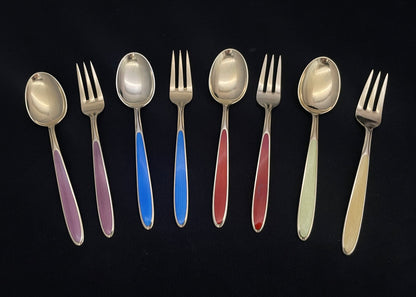 Emalje sølvbestikk kake gaffel eller dessert skje i 925s av Th Marthinsen