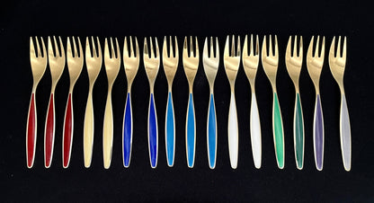 Taffel Sølv gilded silver enamel cake forks in 925s by Nils Hansen Sølvvare