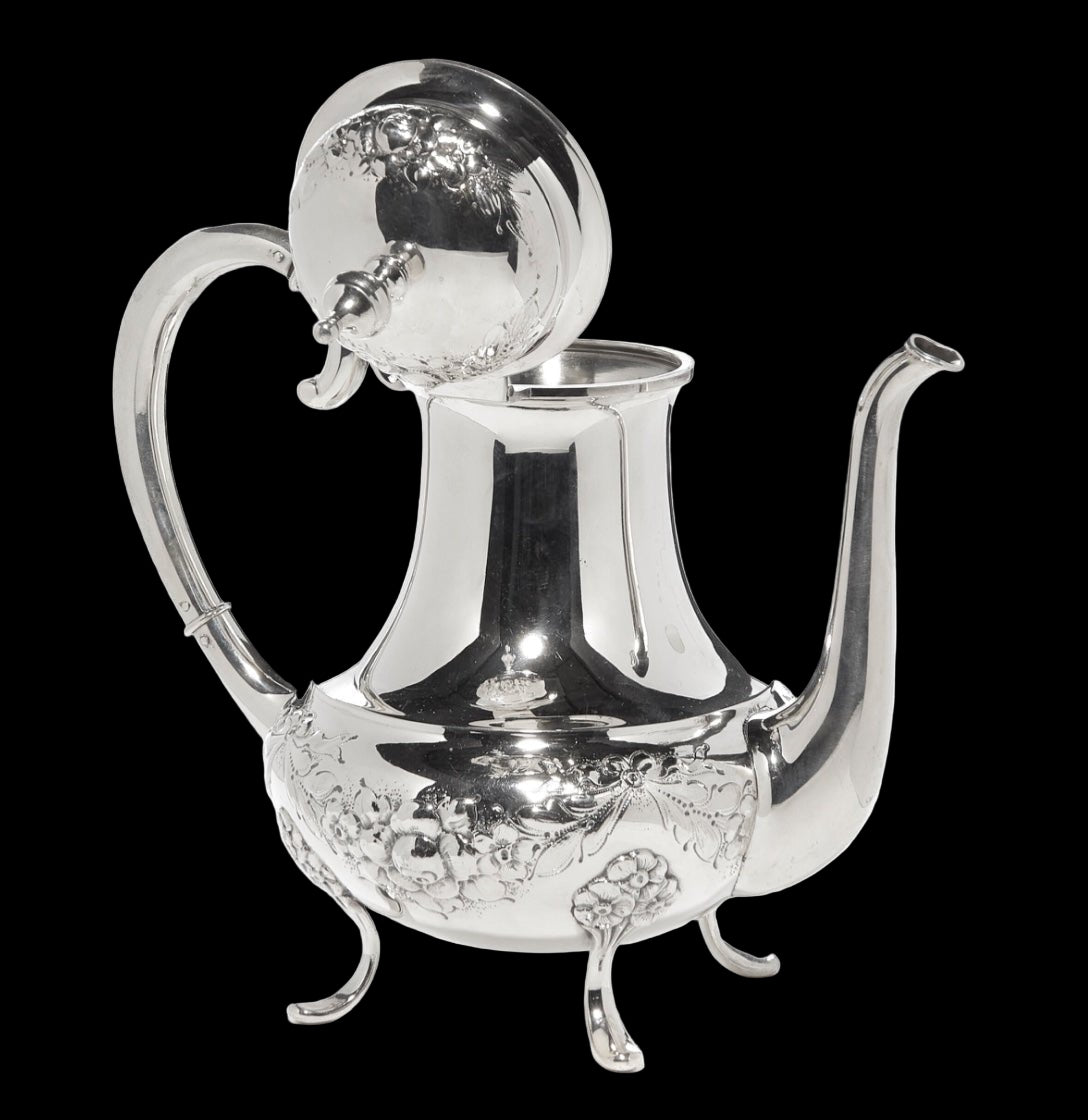 Sølv kaffesett i Opphøid Rose i 830s kaffekanne