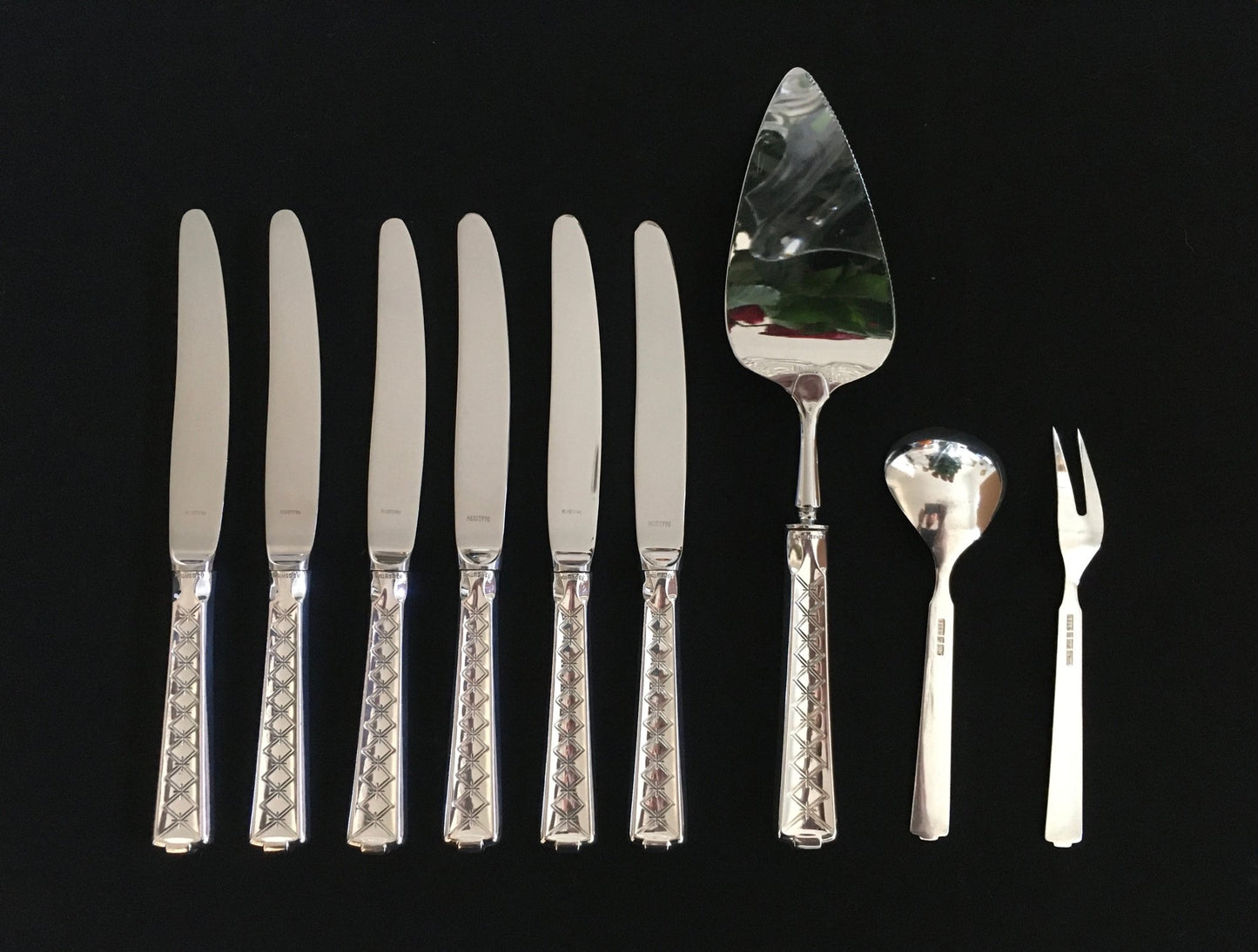 Silver cutlery in the pattern Tone. knives, pie spatula, cold fork, jam spoon and cheese grater in the 830s