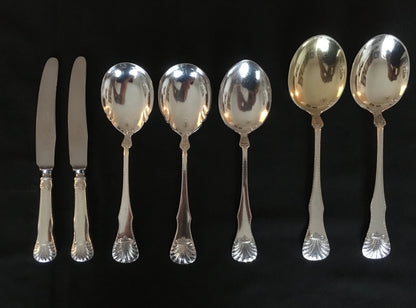 Queen silver knife, fork, spoon and other serving parts in 830s Tostrup