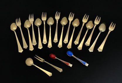 Town hall with fan silver enamel cake fork and dessert spoon in 925s by David Andersen