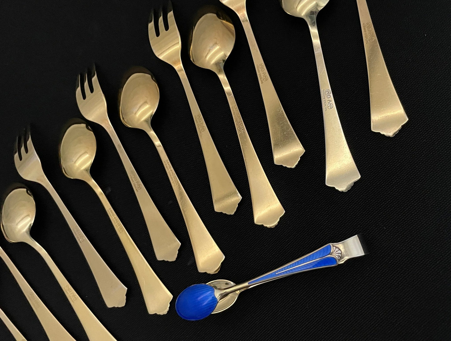 Town hall with fan silver enamel cake fork and dessert spoon in 925s by David Andersen