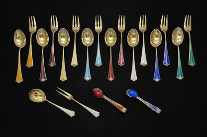 Town hall with fan silver enamel cake fork and dessert spoon in 925s by David Andersen