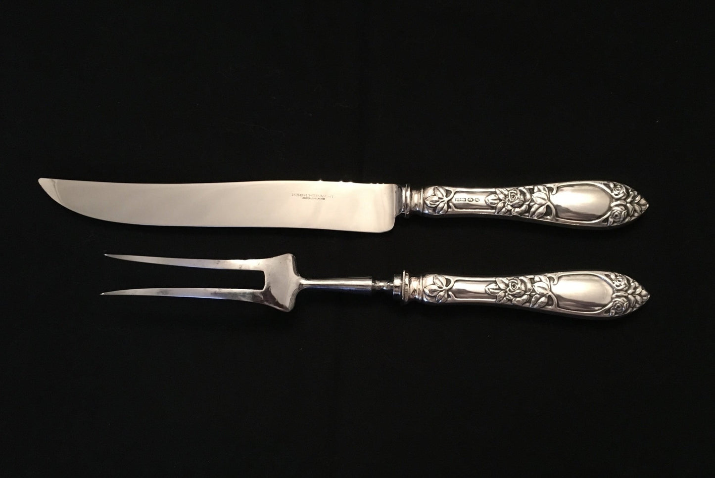 Opphøyet Rose Sølvbestokk Transjerkniv og transjergaffel