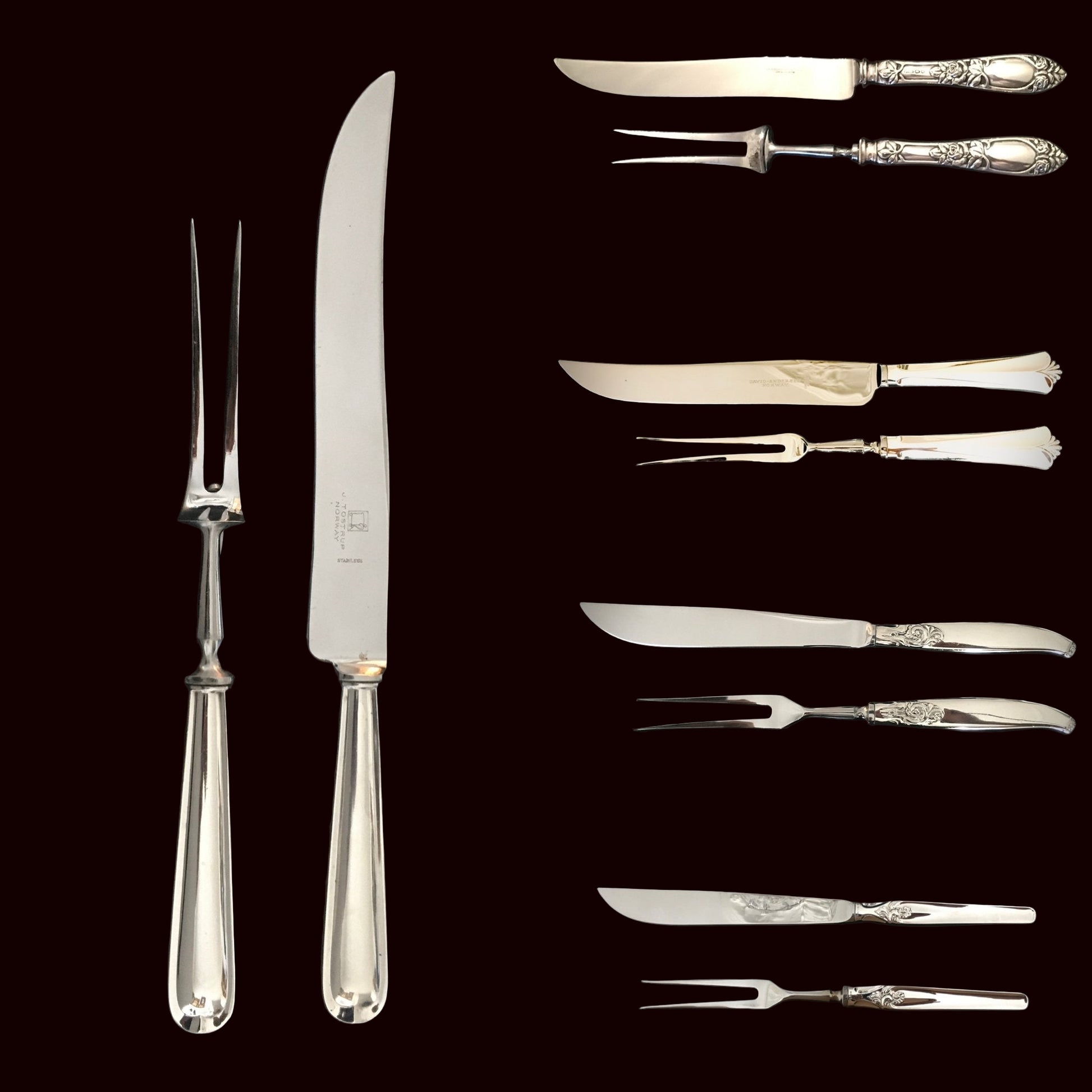 Sølvbestikk Transjerkniv og Transjergaffel ulike mønster